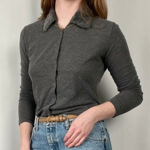 Vintage Faux Fur Collar Button Up Shirt Preppy Cardigan Sweater Knit Top Shacket
